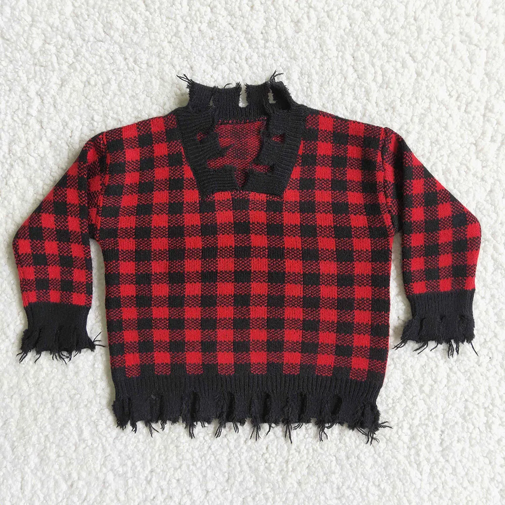 

High Quality Autumn Winter Long Sleeve Outwear Toddler Girls Fashion Red And Black Plaids Sweater With Tassel