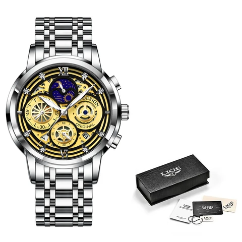 Часы наручные LIGE Мужские кварцевые, брендовые Роскошные водонепроницаемые спортивные с отверстиями, из нержавеющей стали