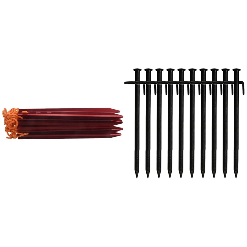 10 шт. Алюминий сплав колышки для палатки гвозди с веревкой красно-10 Heavy Duty Черный