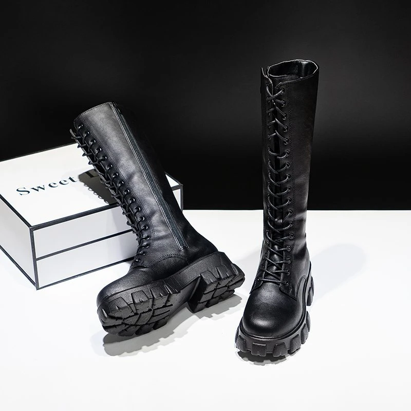 

New Autumn Winter Women Knee High Boots Thick Sole PU Leather Long Boots Woman Fashion Zip Lace Up Platform Botas Mujer 2021