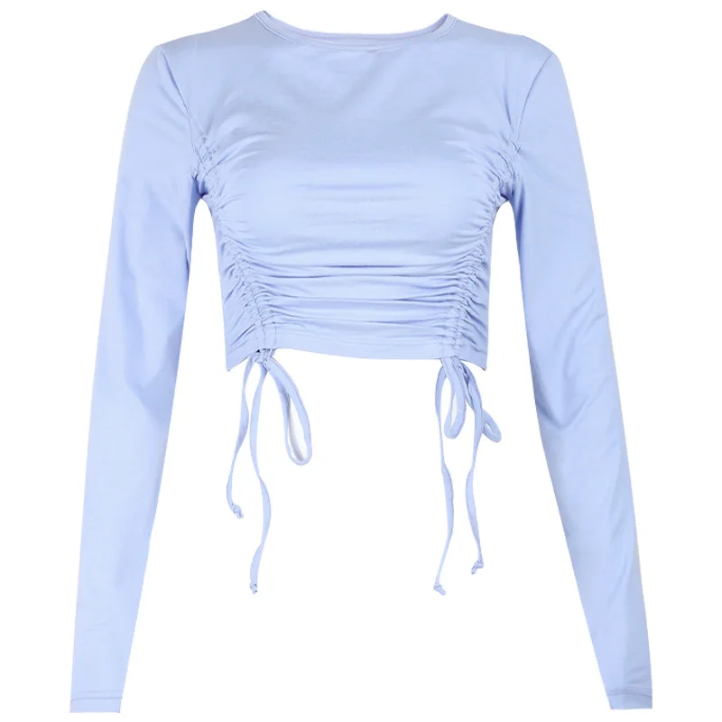 

Autumn 2020 Women's New Tight Short Solid Color Round Neck Drawstring Long Sleeve Tight T-Shirt Wearing Cute for Party