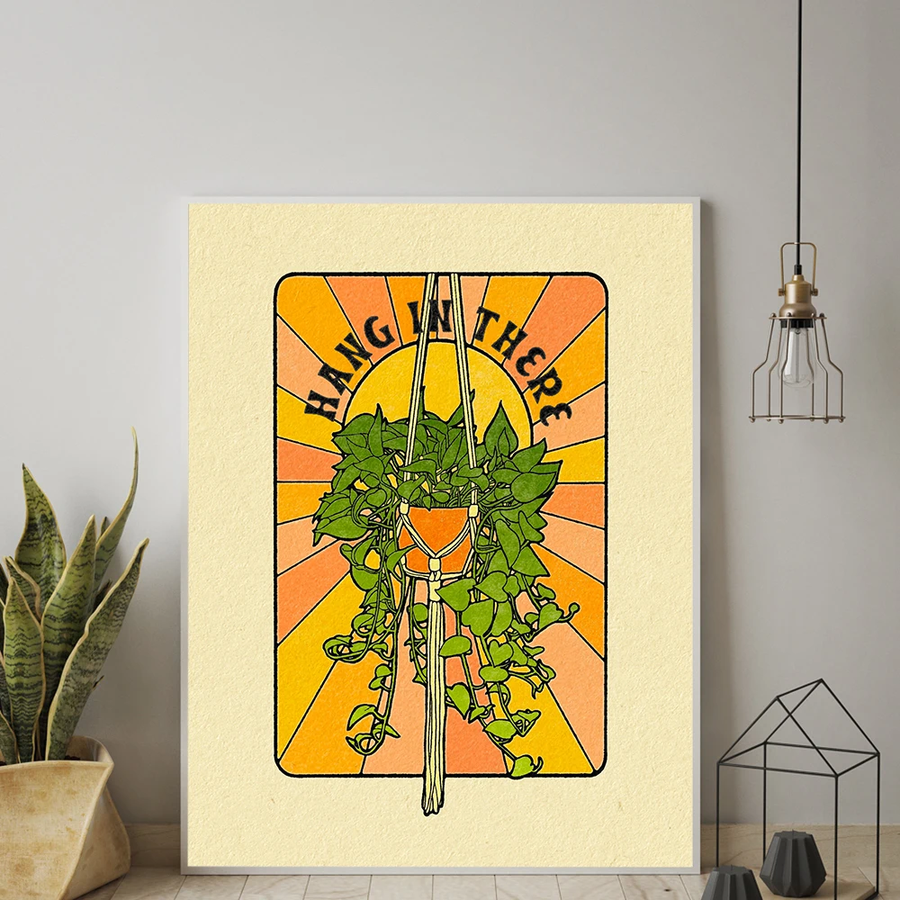 

Boho Hang in There Quote Art Print Green Plant Sunshine Vintage Inspired Art Canvas Painting 70s Wall Picture for Living Room