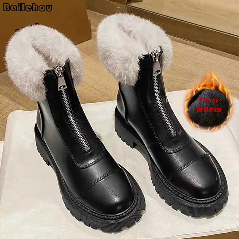 

Женские короткие ботильоны, модные ботинки с круглым носком, женские зимние меховые теплые ботинки на платформе, женская обувь, современные...