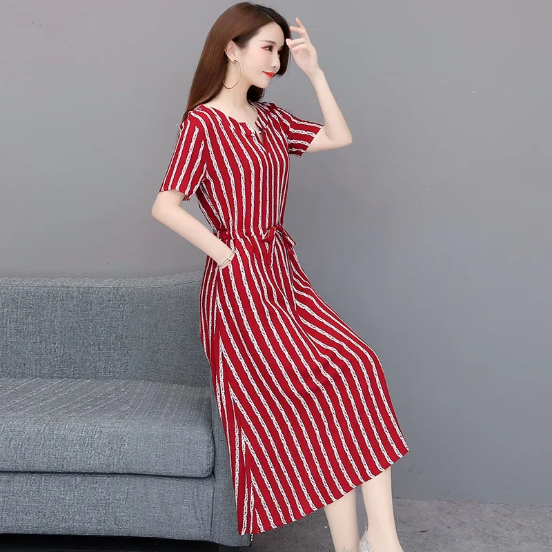 

Summer Women Casual Striped Sashes Dress Lady Short Sleeve V-Neck A-Line Party Dress Vintage Dresses
