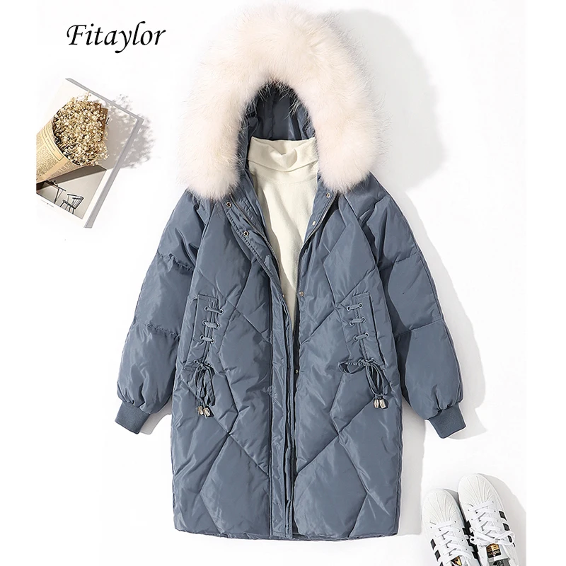 Женская длинная куртка Fitaylor парка на белом утином пуху с капюшоном и воротником