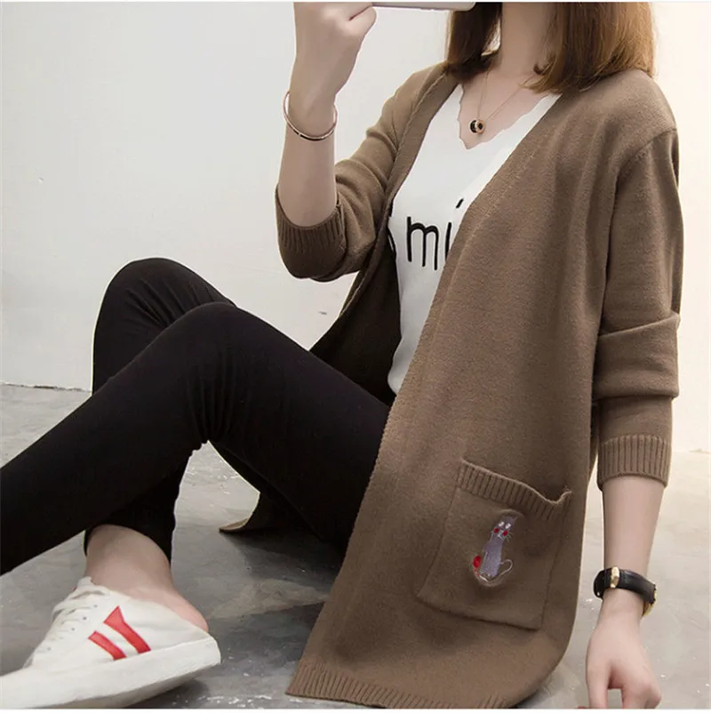 

Autumn Women Long Sleeve Sweater Coat Large Size Cat Embroidered Overcoat Casual Solid Color Winter Cardigan Knitted Jacket