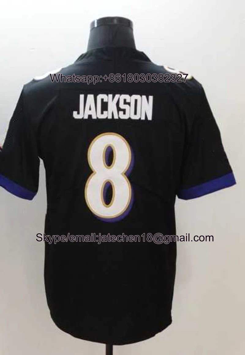 

Customize Men Women Youth Tucker #9 Lamar Jackson #8 Ray Lewis #52 Black Purple White Football Jersey Dropshipping Wholesale
