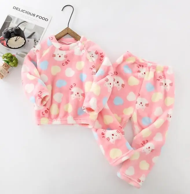 light pink Зимняя детская флисовая Пижама теплая фланелевая одежда для сна для девочек детская пижама из кораллового флиса домашняя одежда комплект одежды для мальчиков - Цвет: light pink