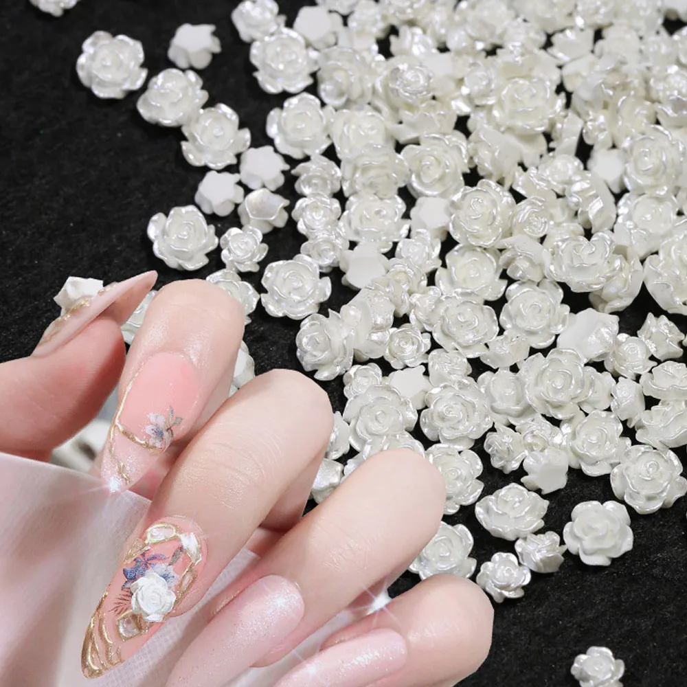 

20pcs Japanese White-Rose Flower Nail Art Rhinestone Aurora/Pearl 3D Nail Jewelry 6-8mm Small Flower Manicure Decorations#2sizes