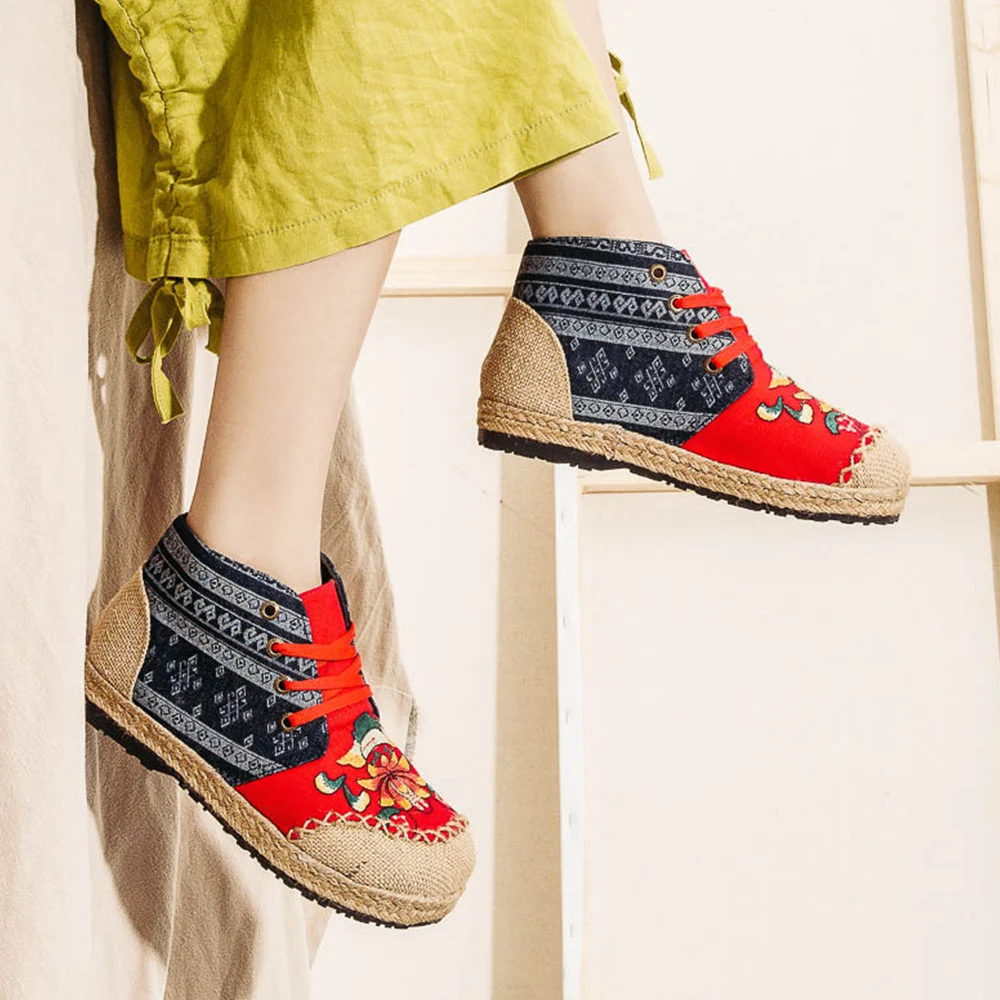 ZFTL Women Ethnic style embroidered shoes Flat heel linen embroidered women's shoes Spring mid-cut cloth shoes Female Loafers