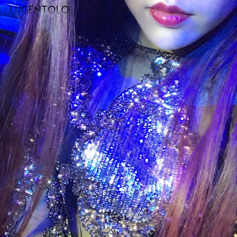 

Lugentolo Women Tshirt Beaded Embroidered Sequins Loose Sleeves Long Sleeve Round Neck Summer Perspective Loose Korean Clothes