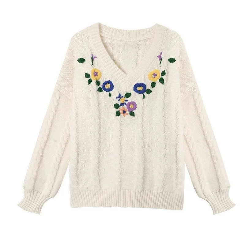 

Vintage Embroidery Winter Sweater Women Pullover V-neck Korean Harajuku Clothing Loose Knit Jumper Kawaii Ulzzang Knitwear Y152