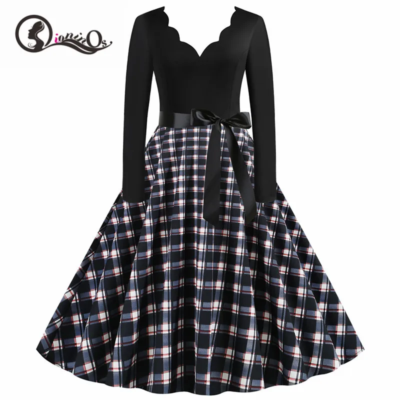 Черное винтажное рождественское платье с большим принтом Женское зимнее