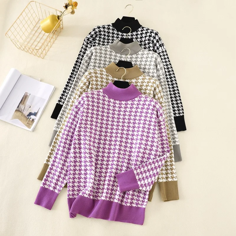 

Elegant Topss Houndstooth sweater Women's pullovers 2021 Fall Women's New Loose pullovers Long Sleeve Knit oversized sweater
