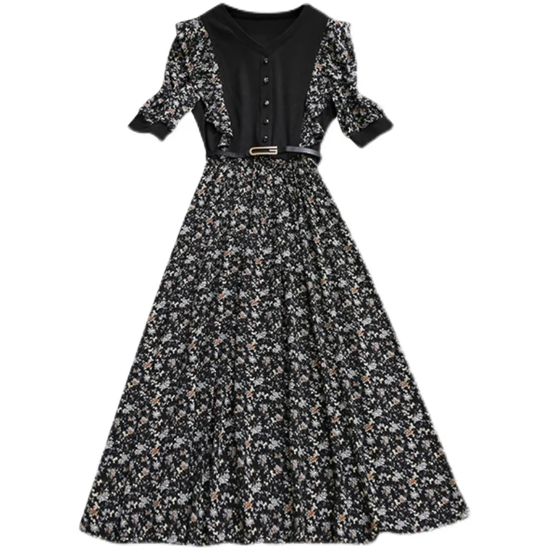 

L-4XL plus size women vintage Chiffon Summer dress 2021 short sleeve v neck Patchwork elegant Office flower print dresses