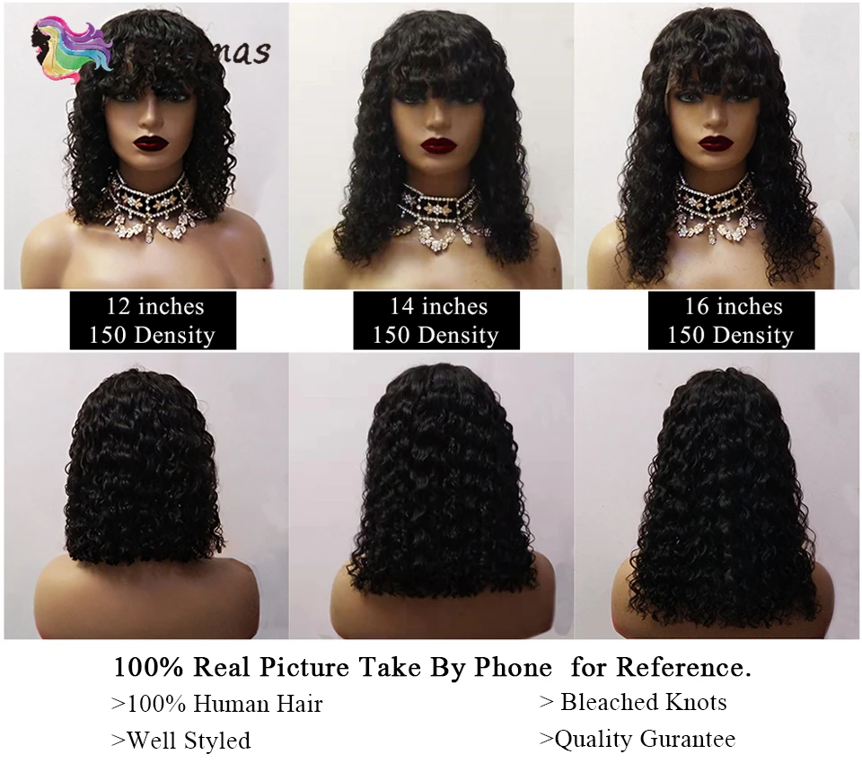 Brennas human hair lace wigs short bob curly wig with bangs Brazilian Remy hair 13X4 lace front wig 8-16'' for women 150%Density