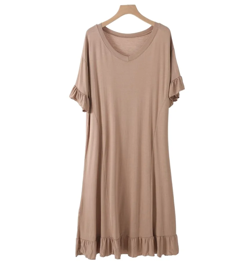 2021New Summer Modale Women's Nightdress V-neck Dress Women's Korean Thin Solid Medium Length Knee Nightgown Home Wear Sleepwear