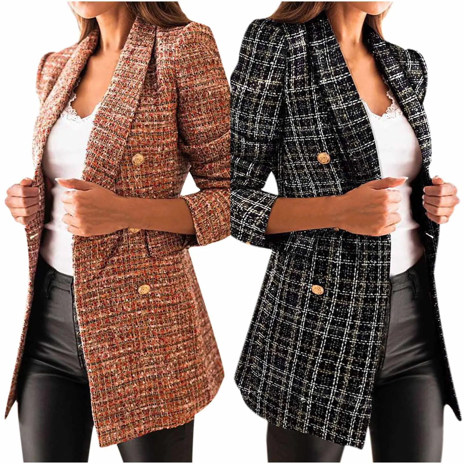 

Womens Hot Plaid Long Blazer Ladies Long-sleeved Double-breasted Office Suit Printed Jacket Coat Top Clothing Manteau Femme 2021
