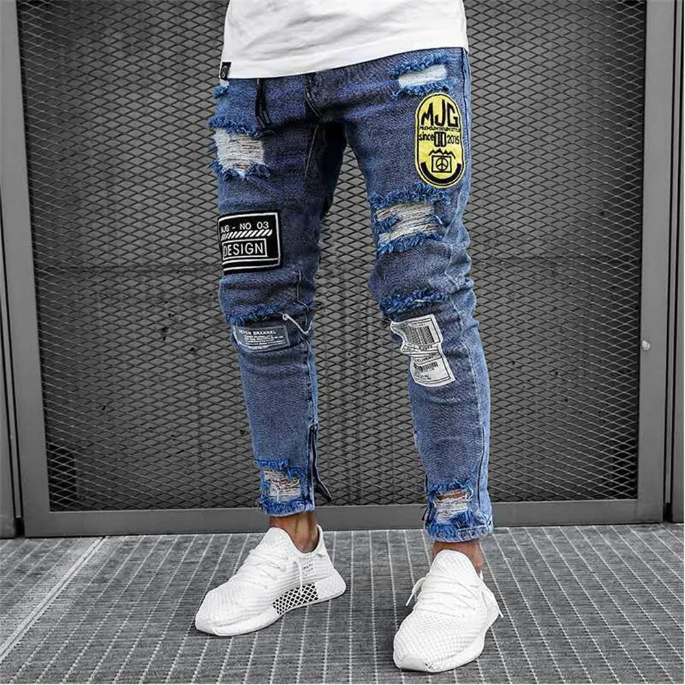 

New Men's Zipper Slim Skinny Jeans Stretchy Ripped Biker Embroidery Print Destroyed Jeans homme High quality men jean trousers