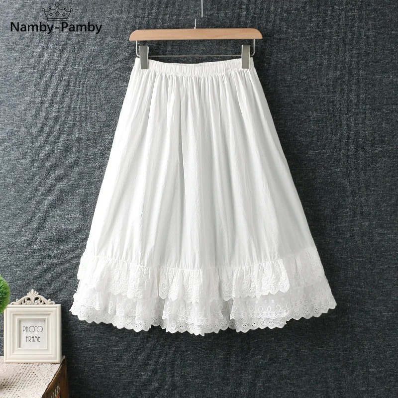 

Skirts womens Fresh Elastic Waist Lace Embroidery thin cotton loose skirt