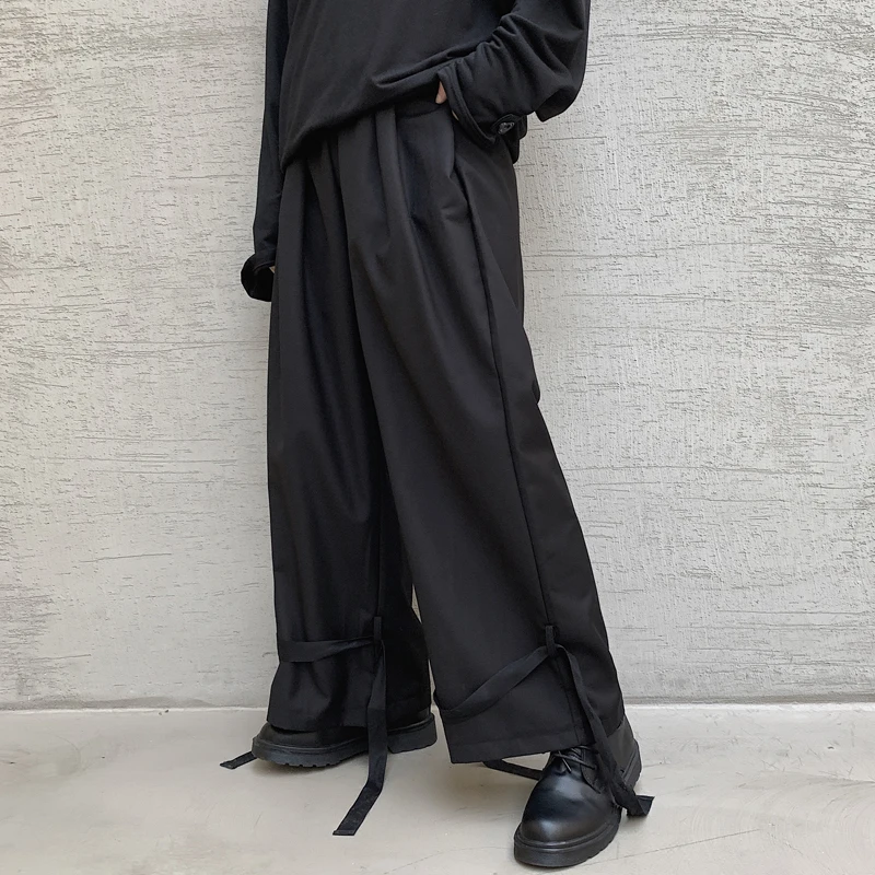 

Men Japan Style Loose Wide Leg Casual Pant Lacing Hem Harem Trousers Male Streetwear Vintage Fashion Kimono Pants