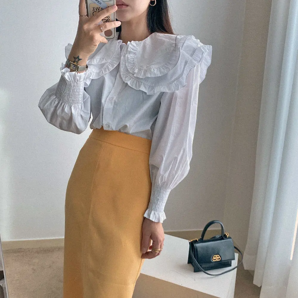 

Новинка 2021, блузки на пуговицах, Корейская блузка, рубашки с отложным воротником и длинным рукавом, Женские однотонные повседневные свободн...