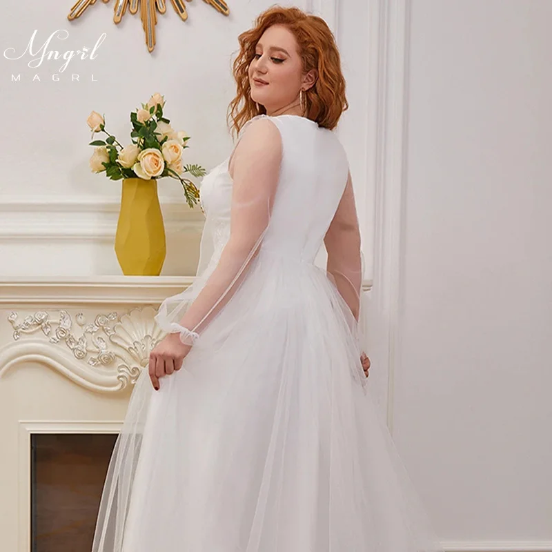 

MNGRL Simple Wedding Dress White Lace V-neck 3D Flower Wedding Gown Long Sleeve Fluffy Skirt Plus Size Bridal Dresses