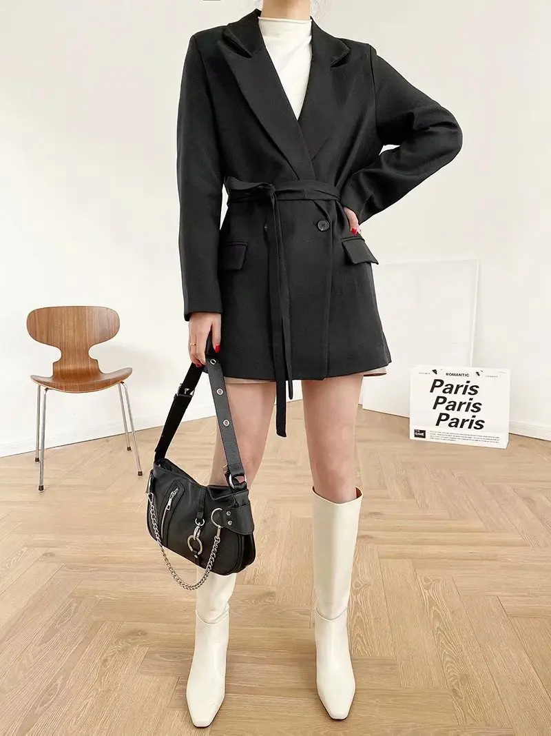 

TMODA524 Za Women 2021 Fashion Office Wear One Button Blazers Coat Vintage Female Black Jacket Outerwear With Belt Chic Tops