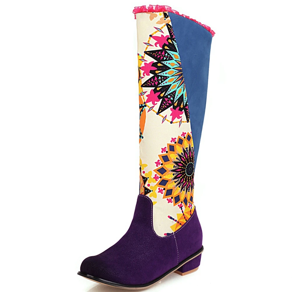 

BONJOMARISA New Arrival Novelty Brand Print Boots Fashion mixed-color Knee High Boots Women 2020 Med Chunky Heels Shoes Woman