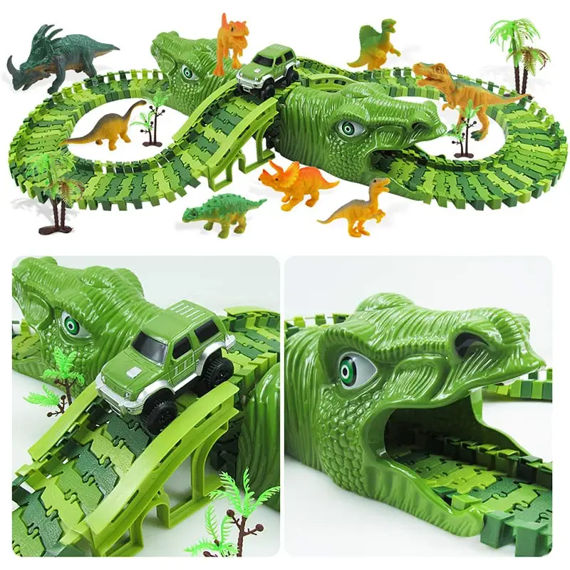 

Dinosaur Railway Toy Car Track Racing Track Toy Set Educational Bend Flexible Race Track Flash Light Car Toys For Children Boys