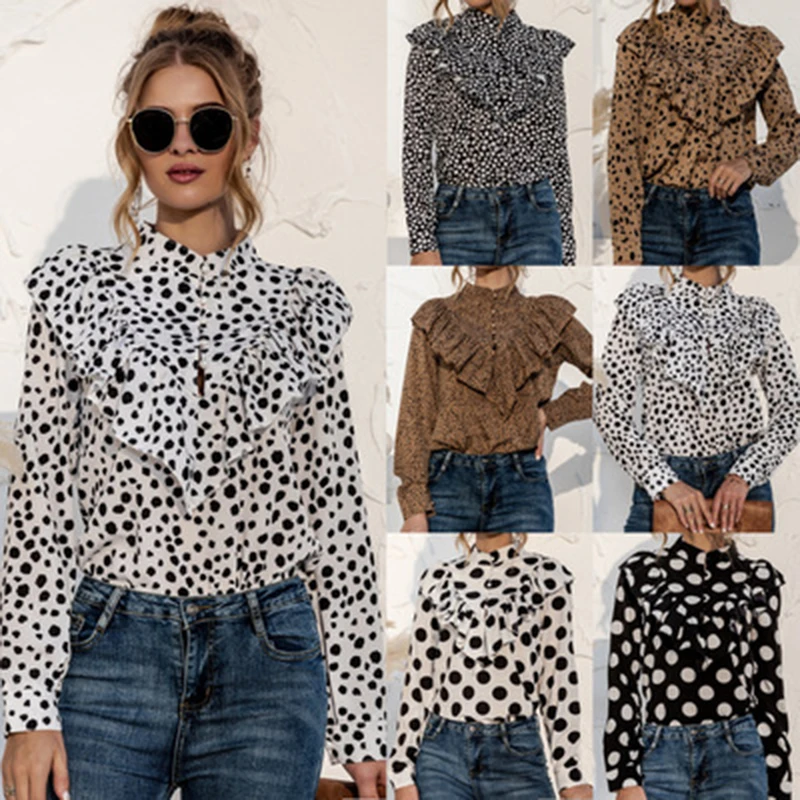 

Casual Women Shirts Blouses Office Ladies Top Fashion Wave Point Ruffle Button Up Shirt White Black 2021 Spring Autumn Shirt New