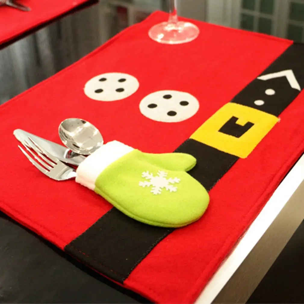 Рождественские настольные коврики с снежными перчатками зеленый мешок для ножей