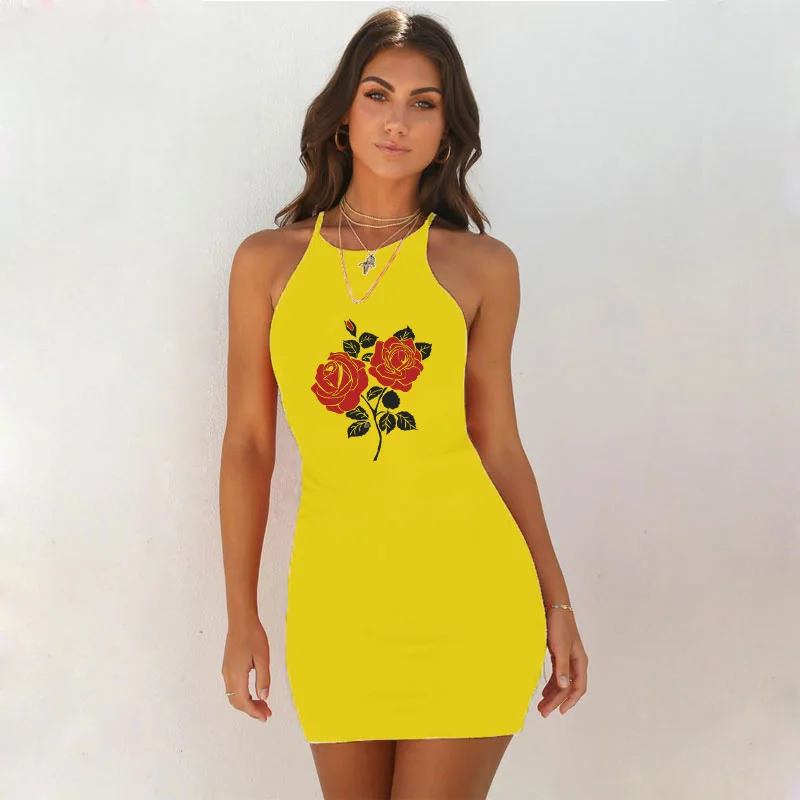

Sexy New Mini Dresses Vintage Rose Flower Printing Vest Short Dresses Beach Party Dress Club Vestidos Robe Casual 2021