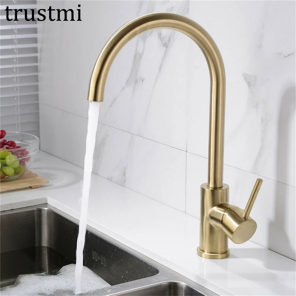 Brass Commercial Kitchen Faucet Single Handle 1 Hole Hot Cold Mixer Tap with 360 Degree Swivel Spout Brushed Gold or Matte Black