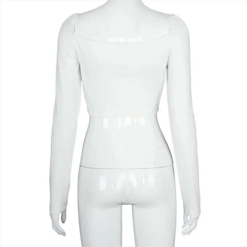 

hirigin Vintage Sexy Square Neck Long Sleeve Crop Top Women Spring 2021 Woman Tshirts White Fashion Blouse