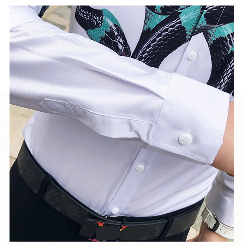 

Long Sleeve Casual Shirt Men 2021 Spring Autumn Snake Printed Shirt For Man Streetwear Black White Camisa Social Masculina V234