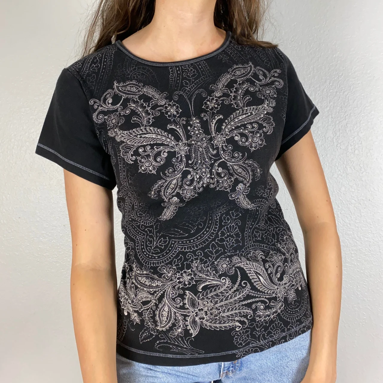 

Y2K Aesthetic Butterfly Floral Print O-Neck Tshirts Woman Grunge Fairycore Chic Slim Cropped Tops Tee Retro Grunge Cute Clothes