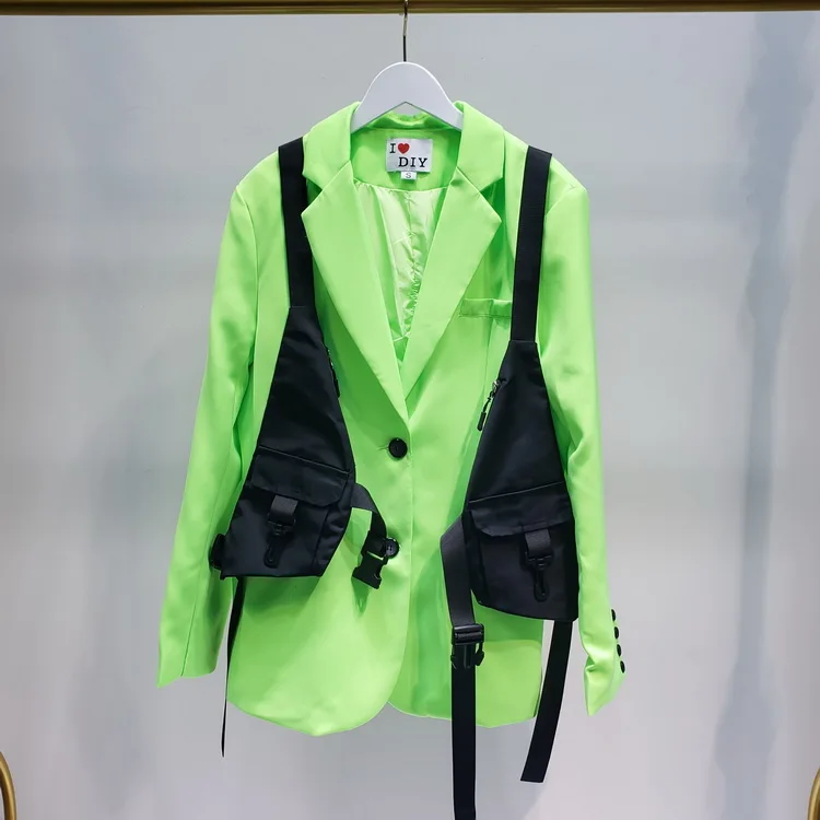 

Lapel Long Sleeve Loose Fit Jacket Fashion Tide Spring Autumn Fluorescent Green Blazer+black Multi-pocket Design Vest Blazer