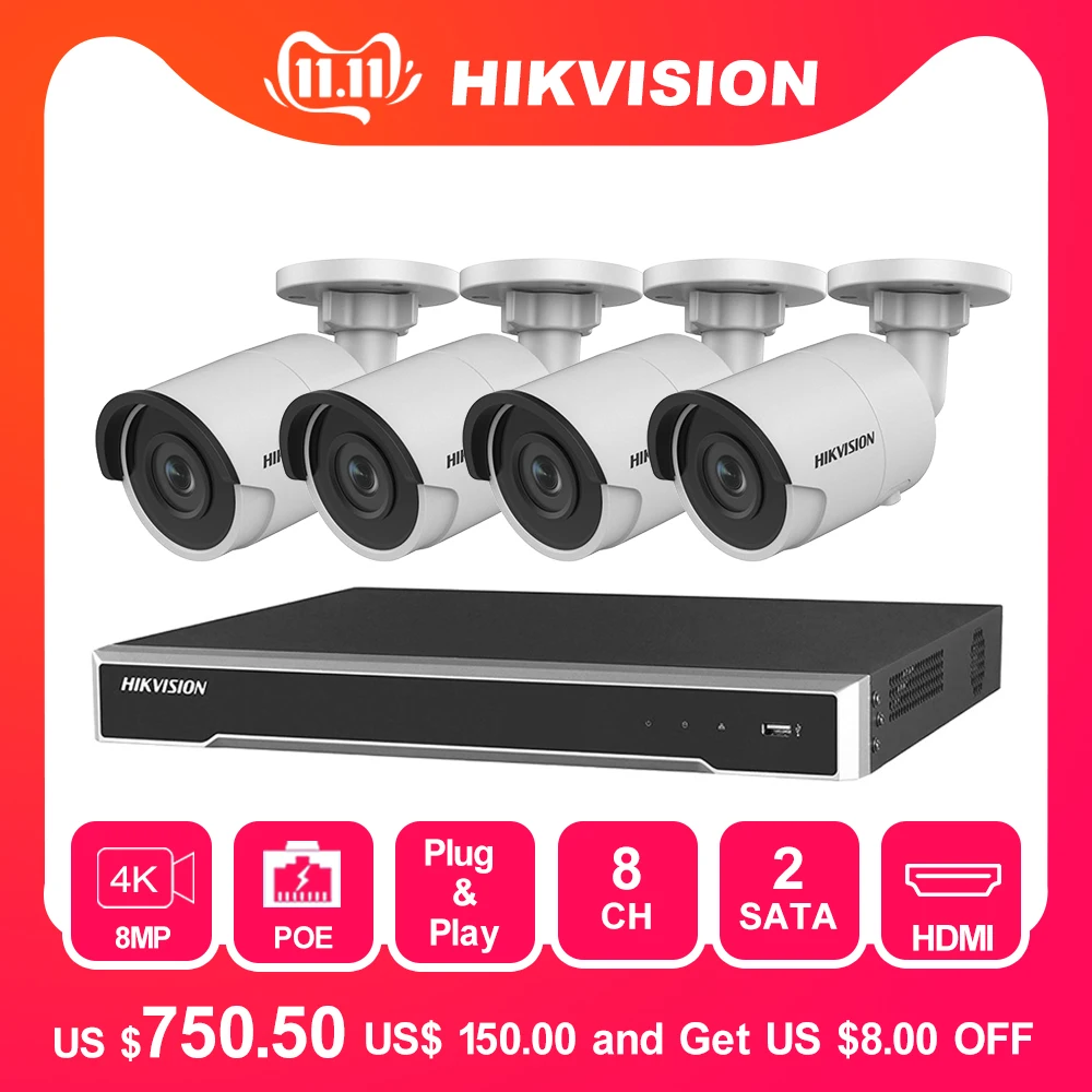 Hikvision 4 канальный CCT IP система NVR Набор 8 PoE рекордер DS 7608NI K2/8 P и шт. 8MP пулевое камера