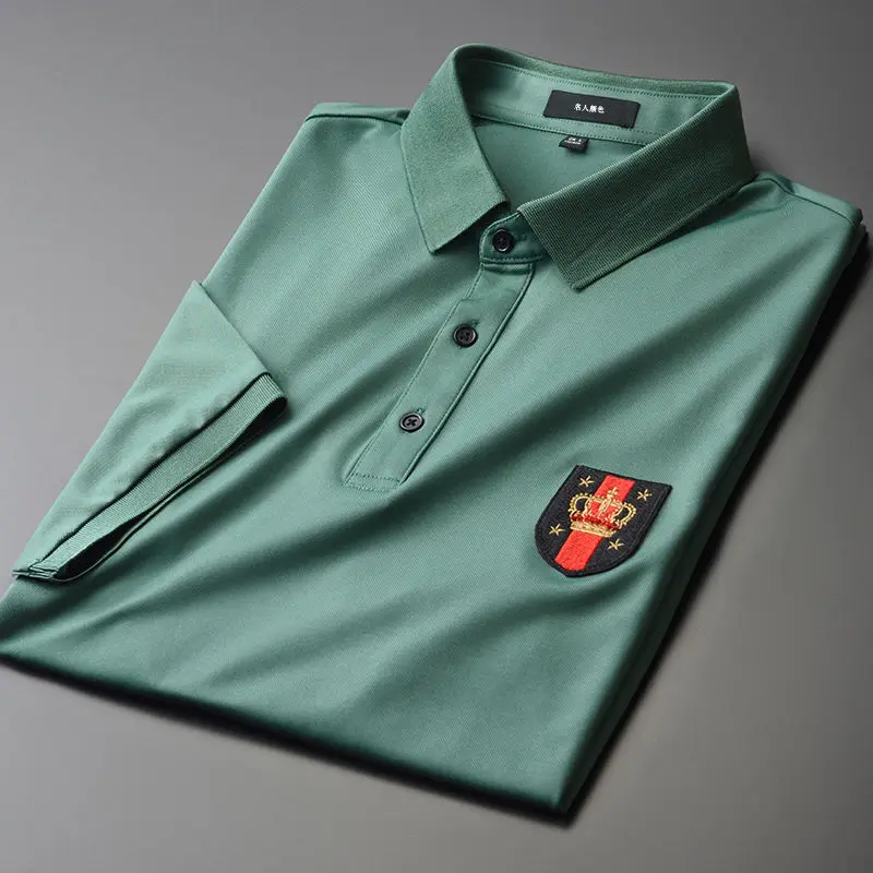 

Summer new mercerized pearl ground mesh fabric fashion embroidery short sleeve Paul shirt men's middle-aged and young silk polo