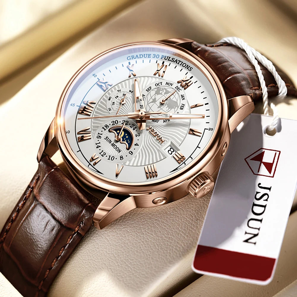 Luxury Brand Men Watch Mechanical Automatic Watches Leather Waterproof Sports Moon Phase Fashion Wristwatch 40MM часы мужские reef tiger rt fashion brand watches men sports waterproof two tone rose gold moon phase big date mechanical watch reloj hombre