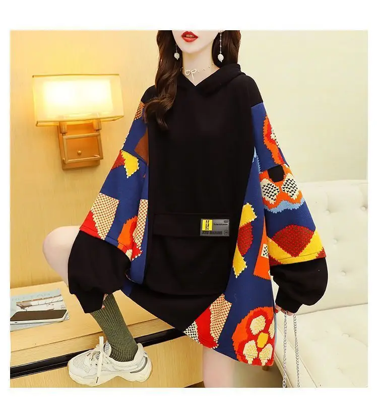 Длинная женская осенне-зимняя свободная флисовая толстовка с геометрическим