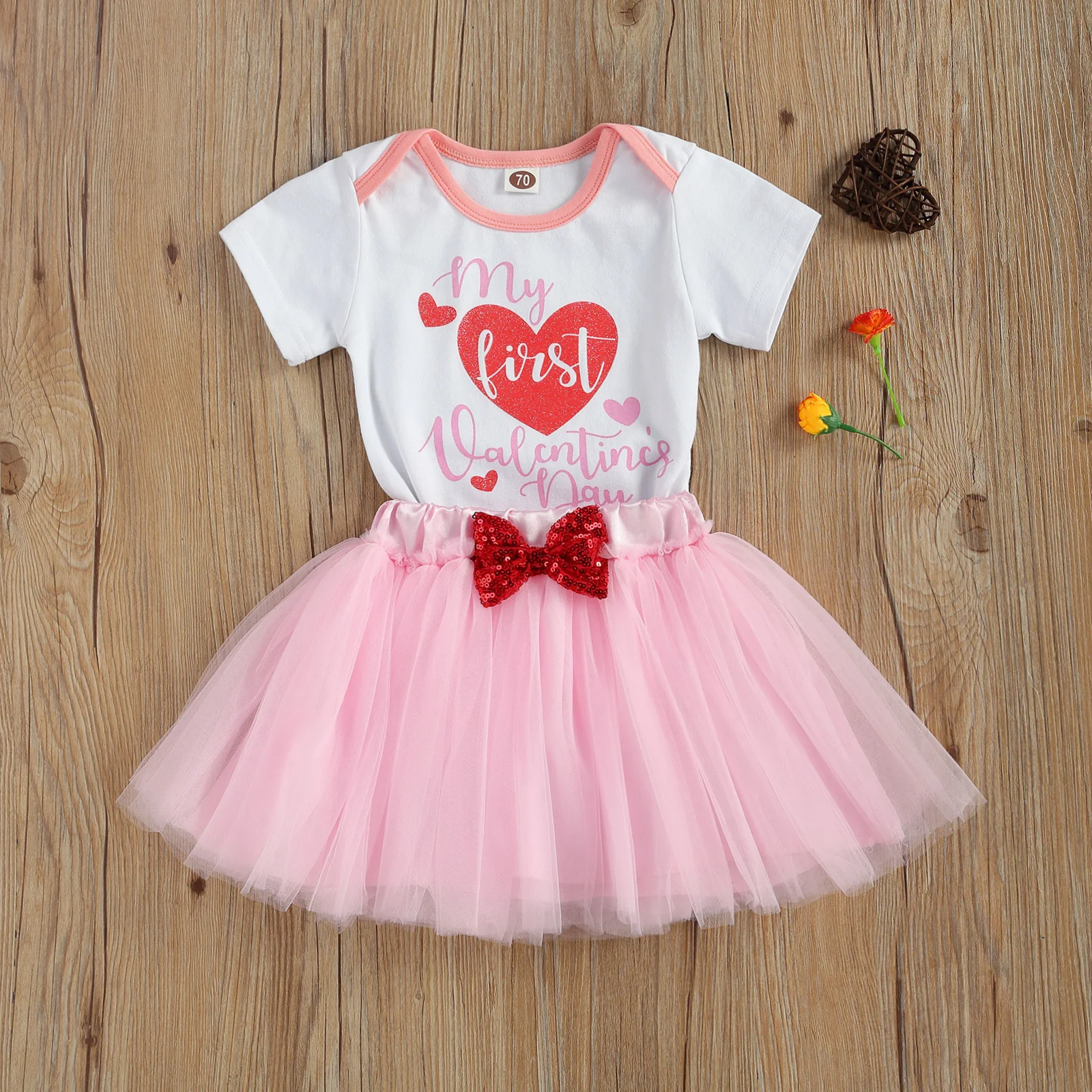 

OPPERIAYA Children Two Piece Set Baby Girls My 1st Valentine's Day Crotch Button Bodysuit Bow Princess Skirts for Toddlers