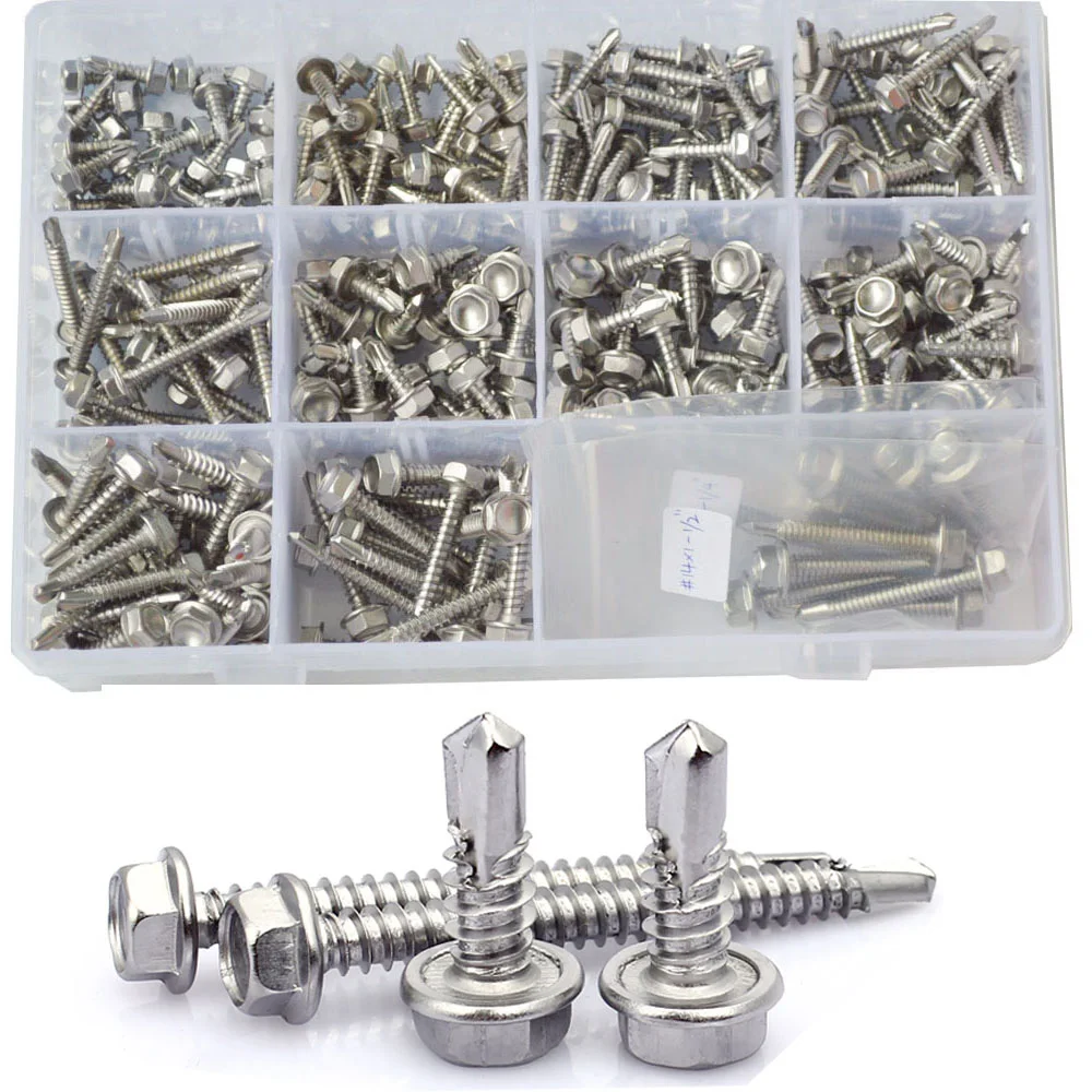 295PCS#8 #10 #14 External Hex Self Tapping Screw Thread Hexagon Self Drilling Screws Bolt Assortment Kit Set 410 Stainless Steel
