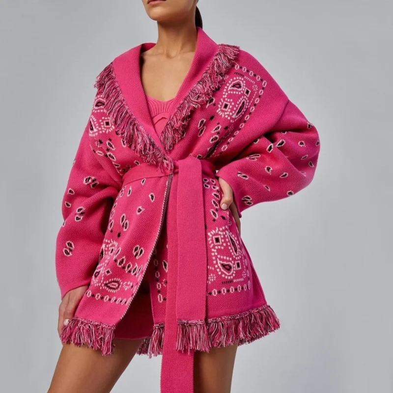 

Autumn Winter Cardigan Women V Neck Loose Tassel Knitted Overcoat Women Fashion Oversized Casual with Sashes Sweater 2021 Coat