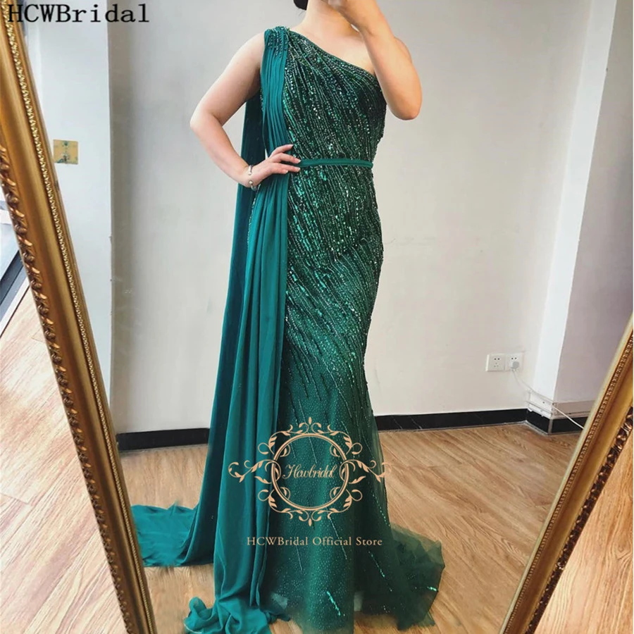 

Dubai Luxury Crystal One Shoulder Evening Dress With Cape Glitter Green Mermaid Long Formal Dresses Plus Size Party Prom Gowns