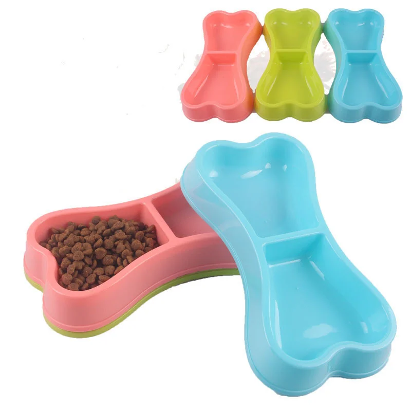 

Pet Double Bowl Plastic Bone Shaped Dog Double Bowl 2-in-1 Pet Food Bowl