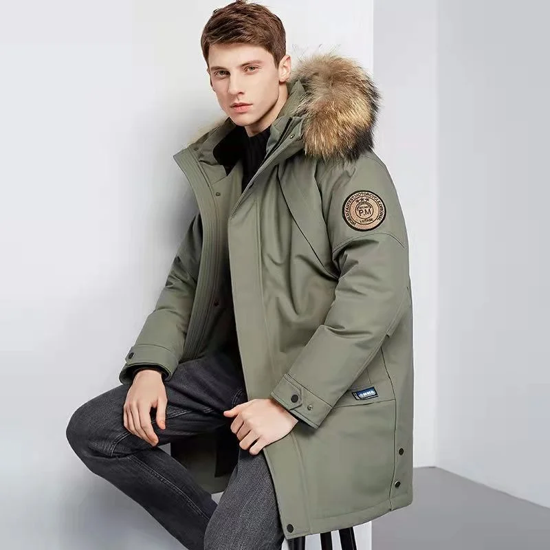 

New Men Winter White Duck Down Jacket Long Keep Warm Thicken Coat Men Fashion Hooded Fur Collar Windbreaker Down Parka