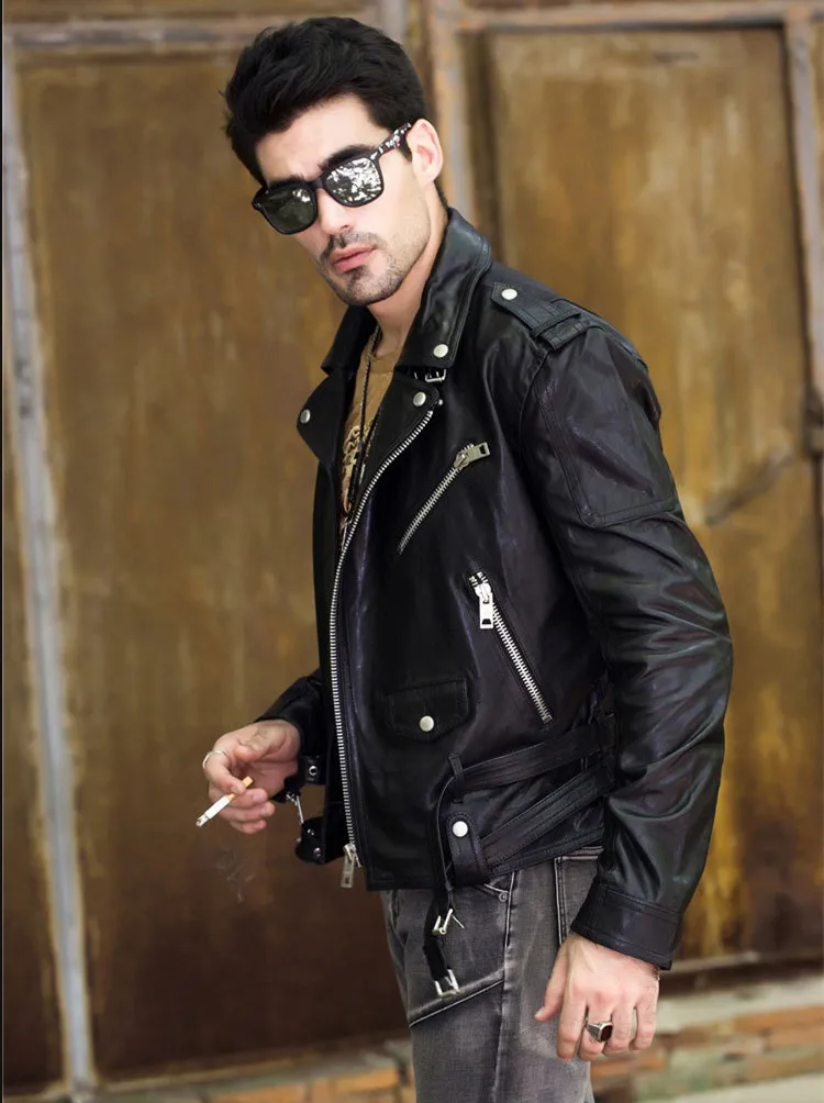 Куртка мужская из натуральной кожи модный Байкерский кожаный пиджак с двумя