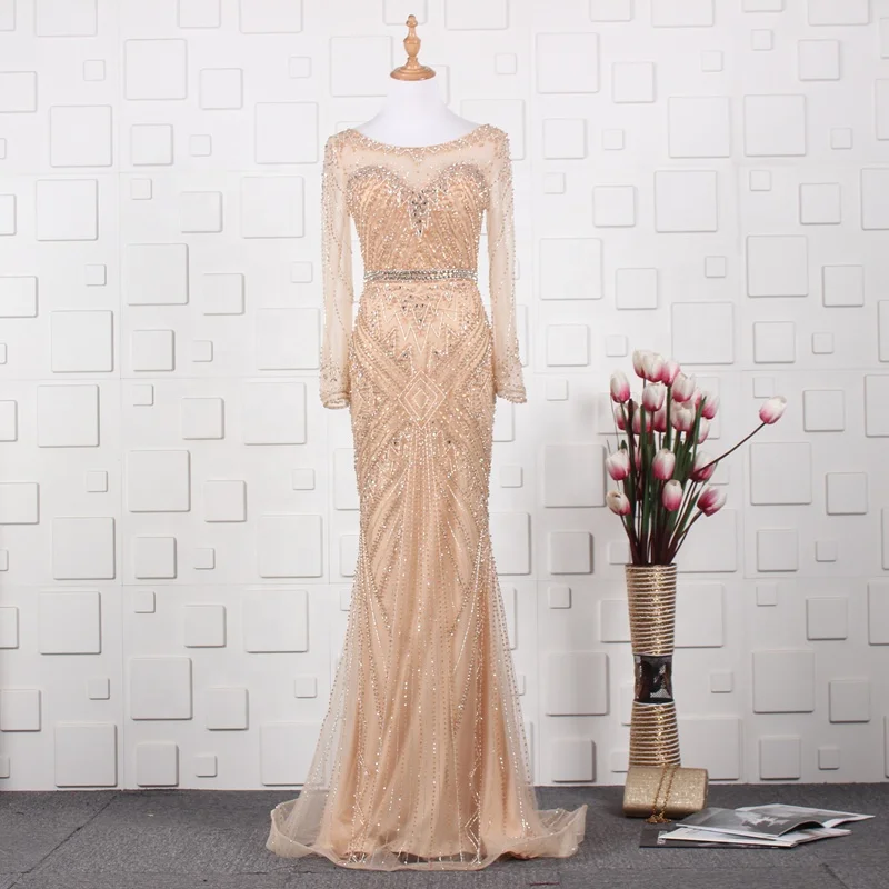 

Vintage Long Beaded Mermaid Champagne Prom Dresses with Sleeves Shear Crystal See Through Back Evening Party Gowns for Women